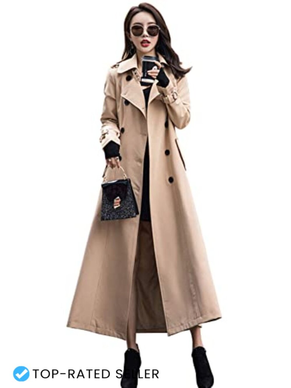 Women Double Breasted Trench Coat Long Sleeve Belted Overcoat